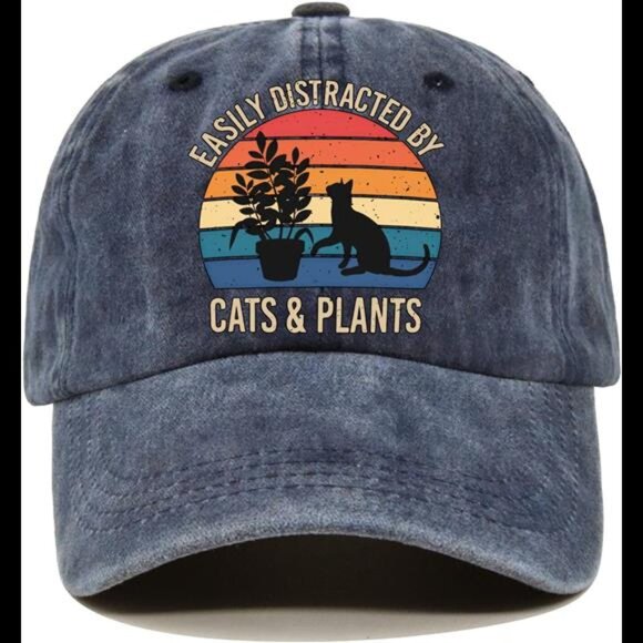Unisex Cats Plants Fun Distressed Washed Vintage Blue Baseball Cap